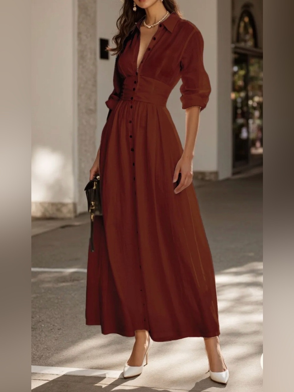 Women's Button-Front Maxi Dress in Brick Red #179